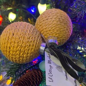 Gold Knit Christmas Holiday Ornaments Set of 2